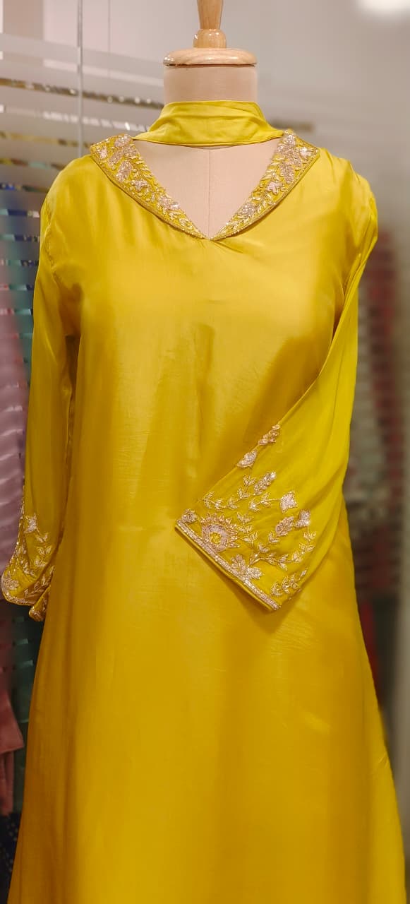Very Minimal Hand Work Collared Look Solid A-Line Full Suit Set With Dupatta In Crepe Fabric- 11519, 11520