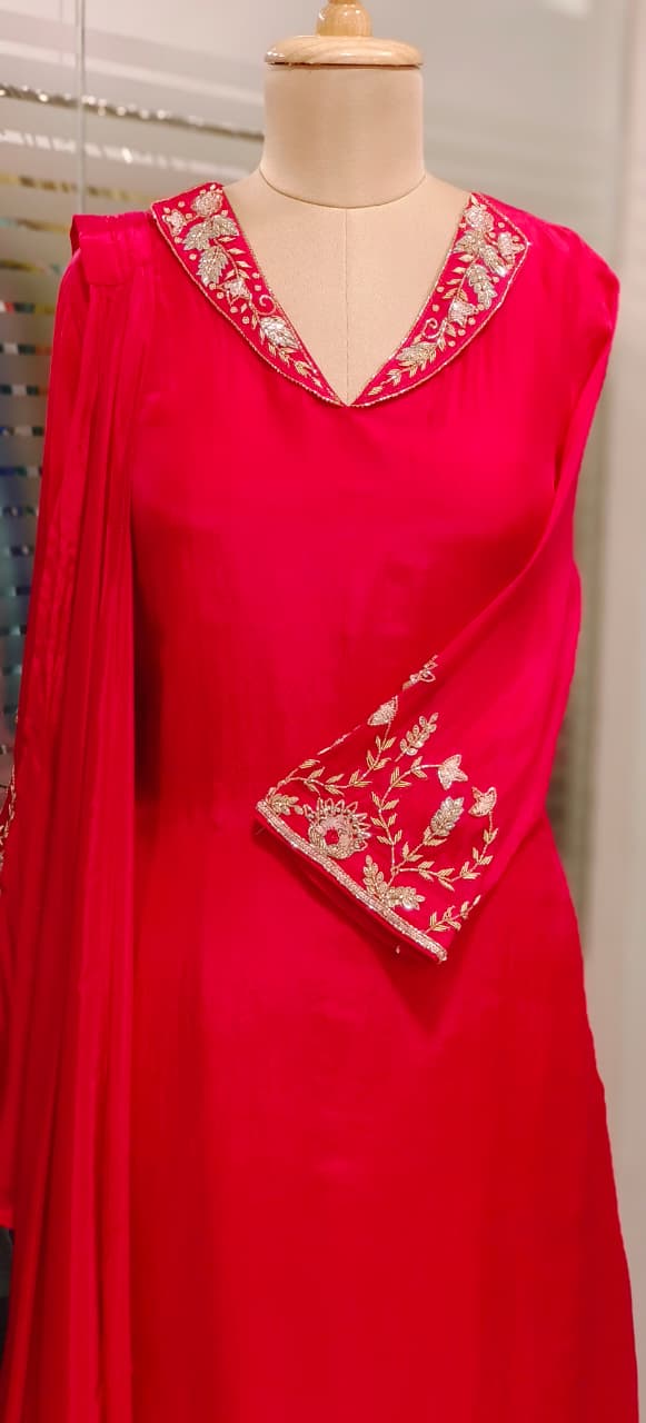 Very Minimal Hand Work Collared Look Solid A-Line Full Suit Set With Dupatta In Crepe Fabric- 11519, 11520