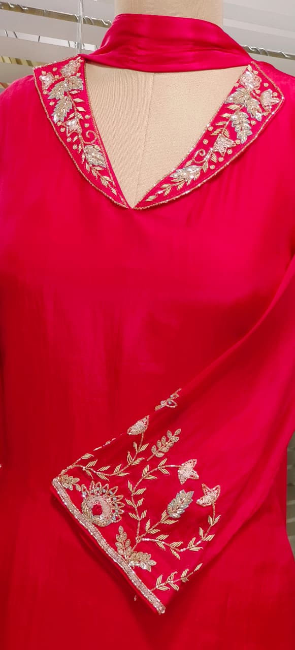 Very Minimal Hand Work Collared Look Solid A-Line Full Suit Set With Dupatta In Crepe Fabric- 11519, 11520