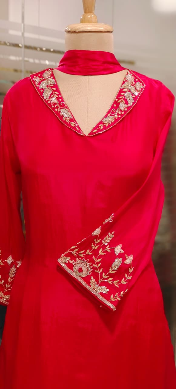 Very Minimal Hand Work Collared Look Solid A-Line Full Suit Set With Dupatta In Crepe Fabric- 11519, 11520