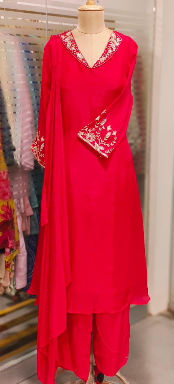 Very Minimal Hand Work Collared Look Solid A-Line Full Suit Set With Dupatta In Crepe Fabric- 11519, 11520
