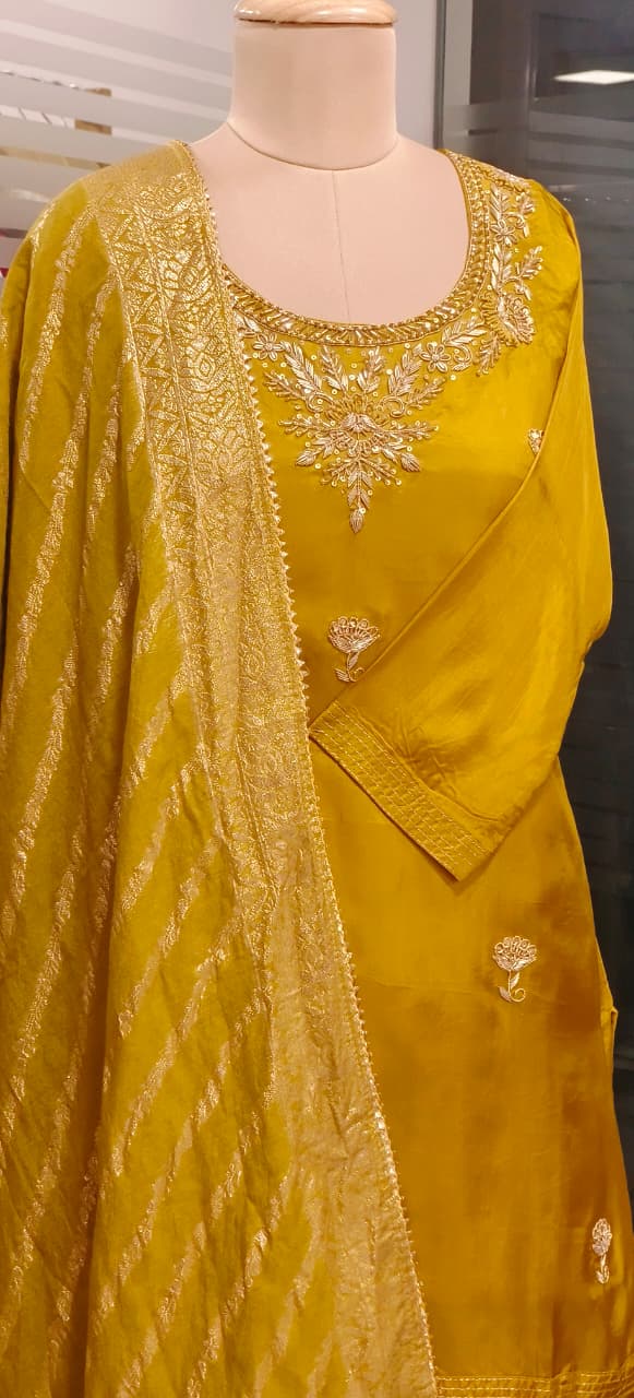 Zardosi U Neck Handwork Full Suit Set With Dupatta & Golden Laced Skirt Bottom In Silk Fabric- 11528, 11527