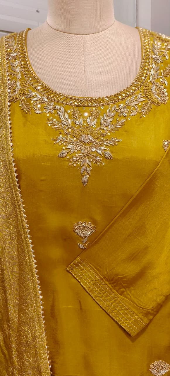 Zardosi U Neck Handwork Full Suit Set With Dupatta & Golden Laced Skirt Bottom In Silk Fabric- 11528, 11527