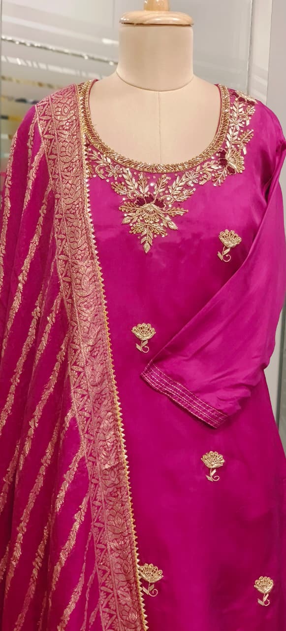 Zardosi U Neck Handwork Full Suit Set With Dupatta & Golden Laced Skirt Bottom In Silk Fabric- 11528, 11527