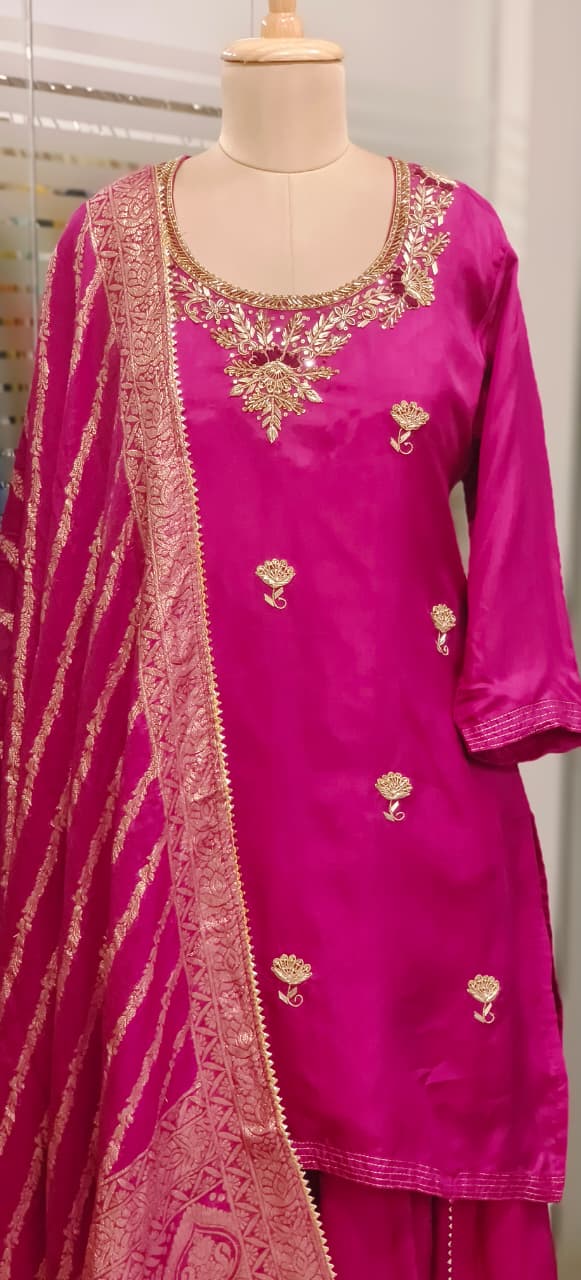 Zardosi U Neck Handwork Full Suit Set With Dupatta & Golden Laced Skirt Bottom In Silk Fabric- 11528, 11527