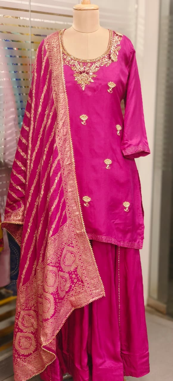 Zardosi U Neck Handwork Full Suit Set With Dupatta & Golden Laced Skirt Bottom In Silk Fabric- 11528, 11527
