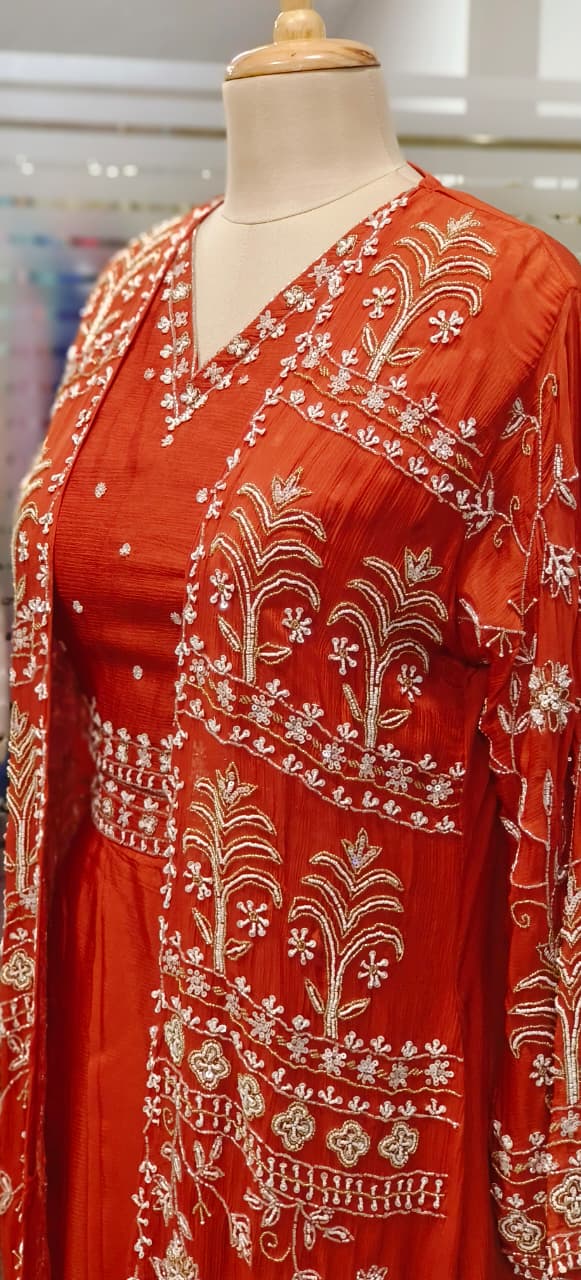 Heavily Tree Shape Handworked Jacket With V-Neck Crop-Top & Drape Skirt In Chinon Fabric