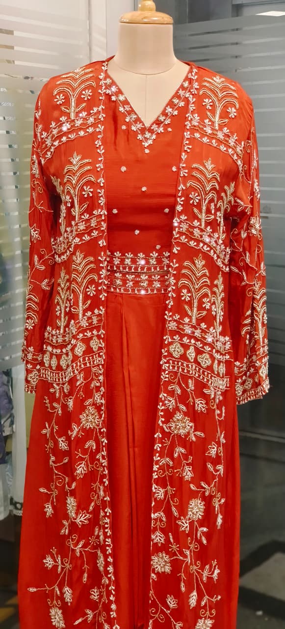 Heavily Tree Shape Handworked Jacket With V-Neck Crop-Top & Drape Skirt In Chinon Fabric