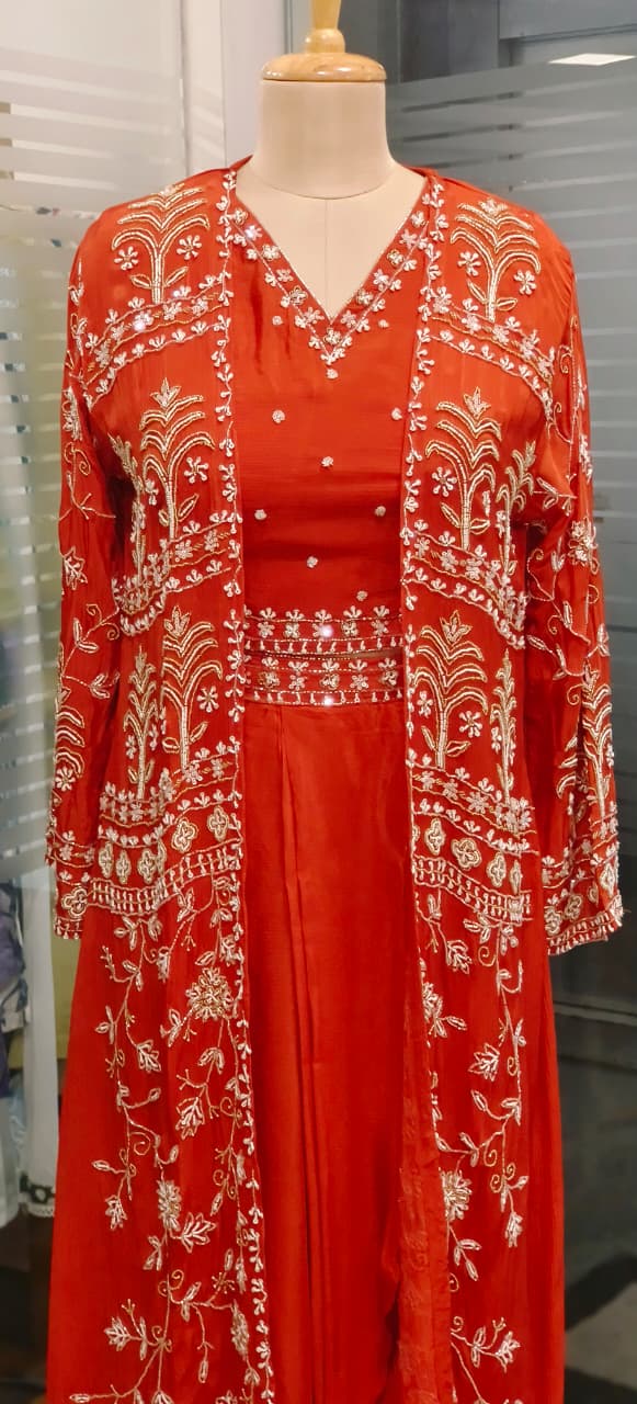 Heavily Tree Shape Handworked Jacket With V-Neck Crop-Top & Drape Skirt In Chinon Fabric