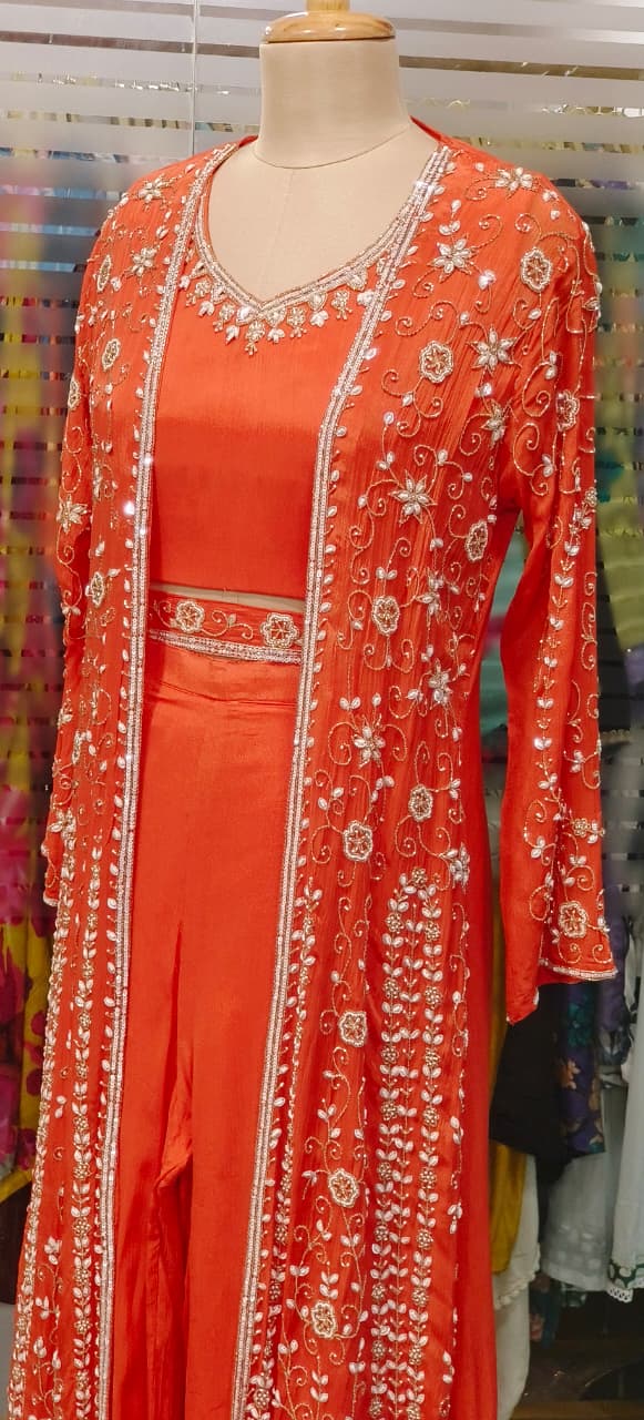Heavily Hand Worked Cut Dana Shrug With Crop-Top & Loose Palazzo Bottom & Separate Belt In Chinon Fabric- 11548