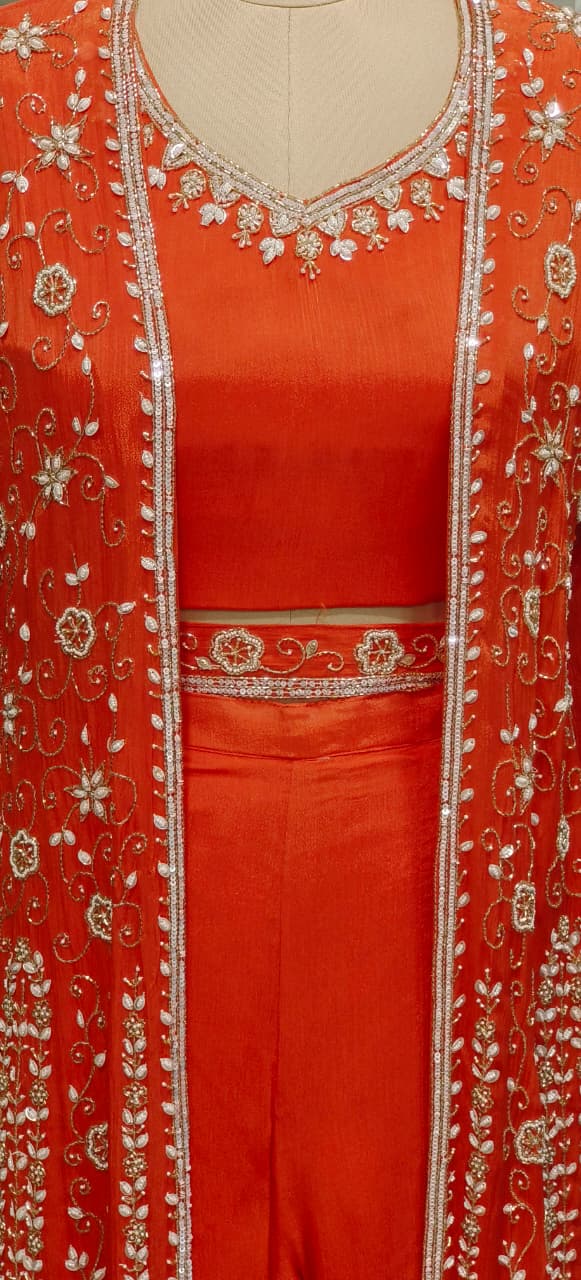 Heavily Hand Worked Cut Dana Shrug With Crop-Top & Loose Palazzo Bottom & Separate Belt In Chinon Fabric- 11548