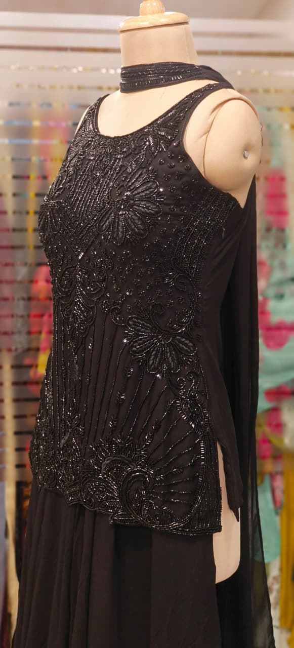 Complete Cut Dana Handwork Sleeveless Short Kurta With Inner, Chowker Dupatta & Very Flared Palazzo Bottom In Premium Georgette Fabric- 11589, 11590, 11591