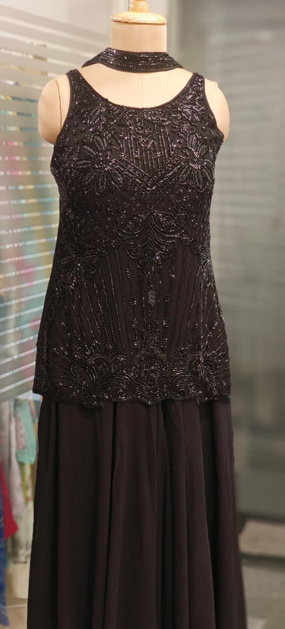 Complete Cut Dana Handwork Sleeveless Short Kurta With Inner, Chowker Dupatta & Very Flared Palazzo Bottom In Premium Georgette Fabric- 11589, 11590, 11591