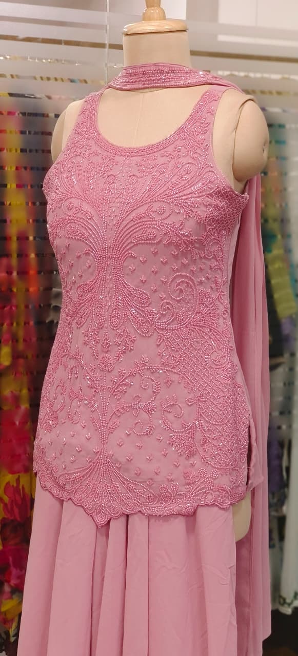 Complete Cut Dana Handwork Sleeveless Short Kurta With Inner, Chowker Dupatta & Very Flared Palazzo Bottom In Premium Georgette Fabric- 11589, 11590, 11591
