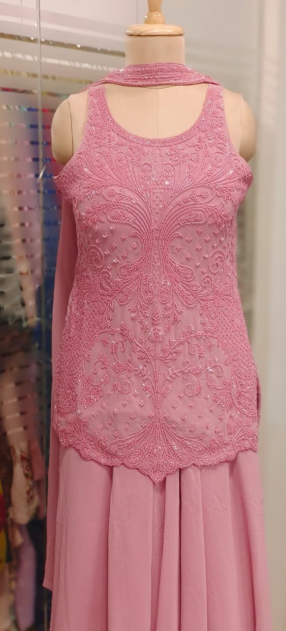Complete Cut Dana Handwork Sleeveless Short Kurta With Inner, Chowker Dupatta & Very Flared Palazzo Bottom In Premium Georgette Fabric- 11589, 11590, 11591
