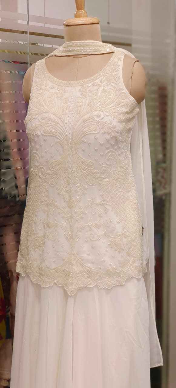 Complete Cut Dana Handwork Sleeveless Short Kurta With Inner, Chowker Dupatta & Very Flared Palazzo Bottom In Premium Georgette Fabric- 11589, 11590, 11591