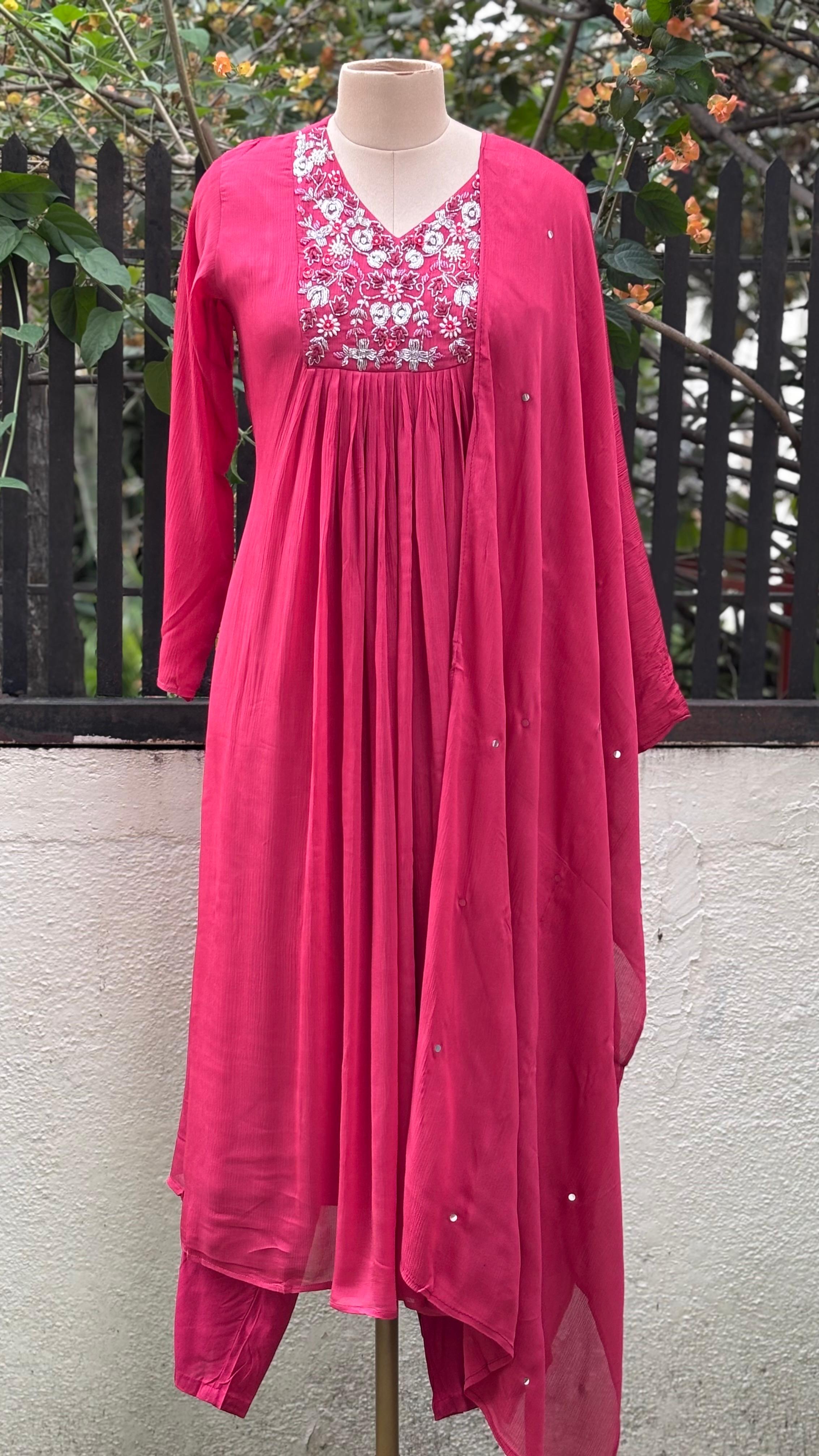Beads Emlbelished Yoke Solid Flared Anarkali Full Suit Set With Dupatta In Chinon Fabric- 11535