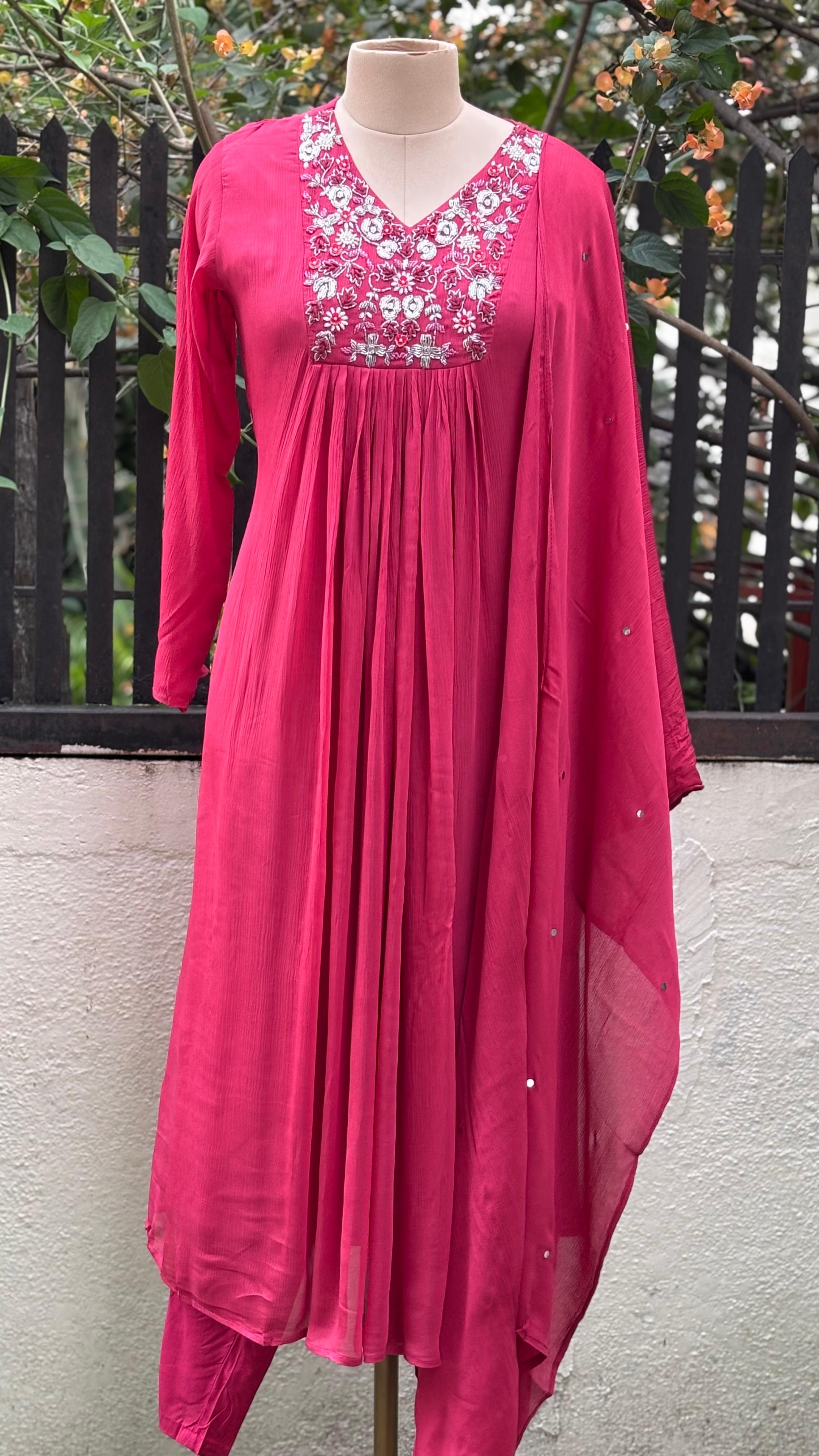 Beads Emlbelished Yoke Solid Flared Anarkali Full Suit Set With Dupatta In Chinon Fabric- 11535