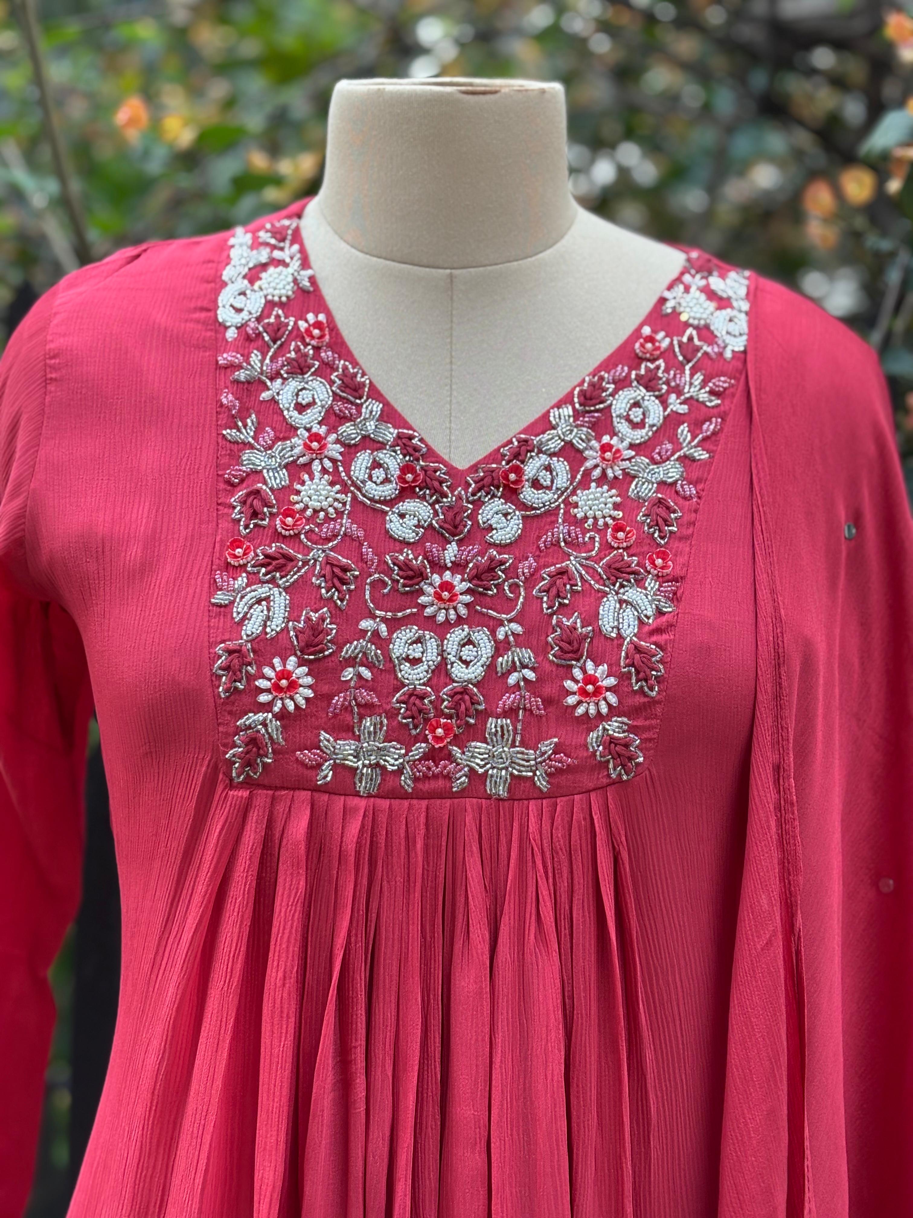 Beads Emlbelished Yoke Solid Flared Anarkali Full Suit Set With Dupatta In Chinon Fabric- 11535