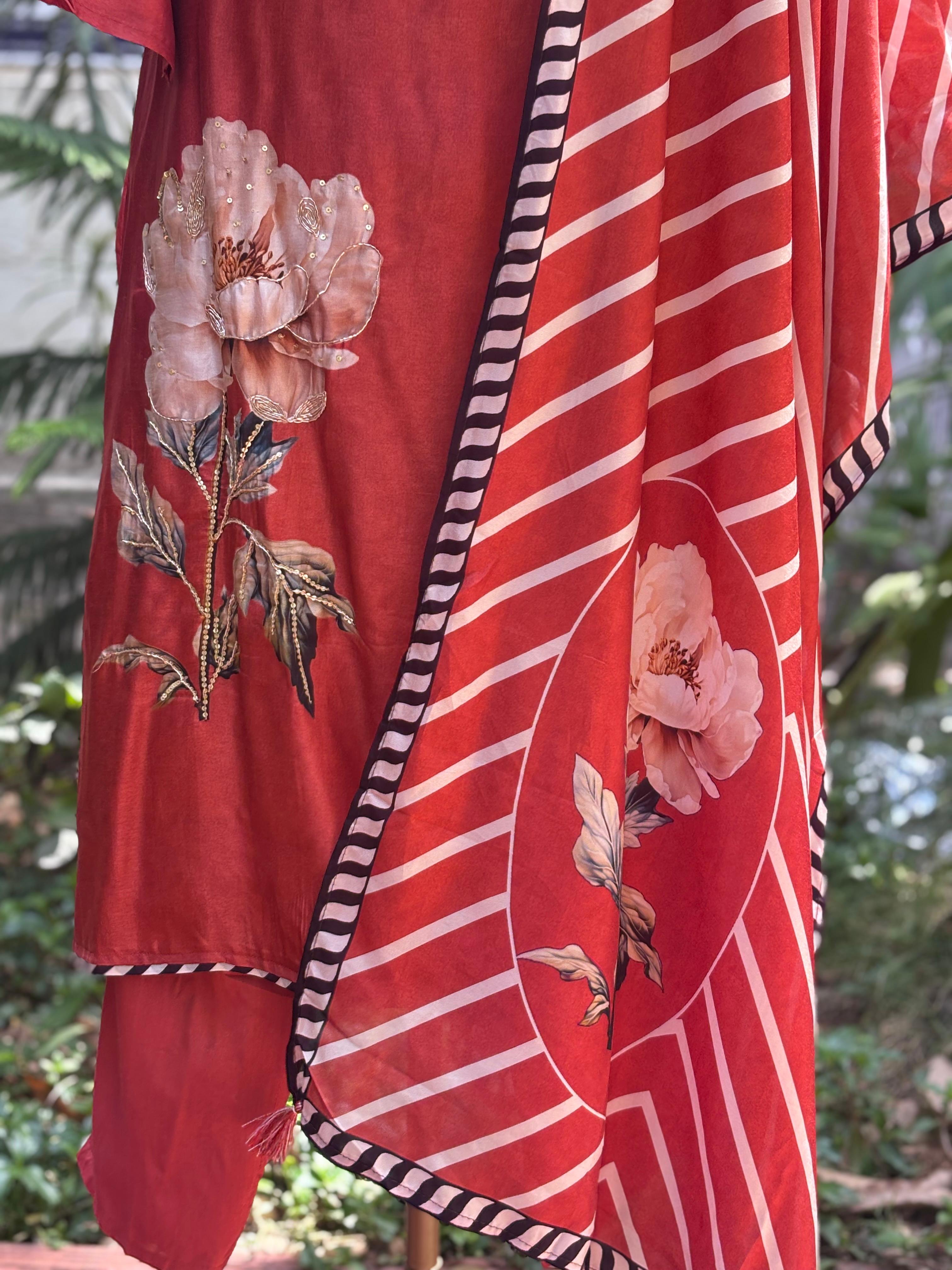 Rustic Charm Digital Floral Print Full Suit Set With Dupatta In Dola Silk Fabric- 11570
