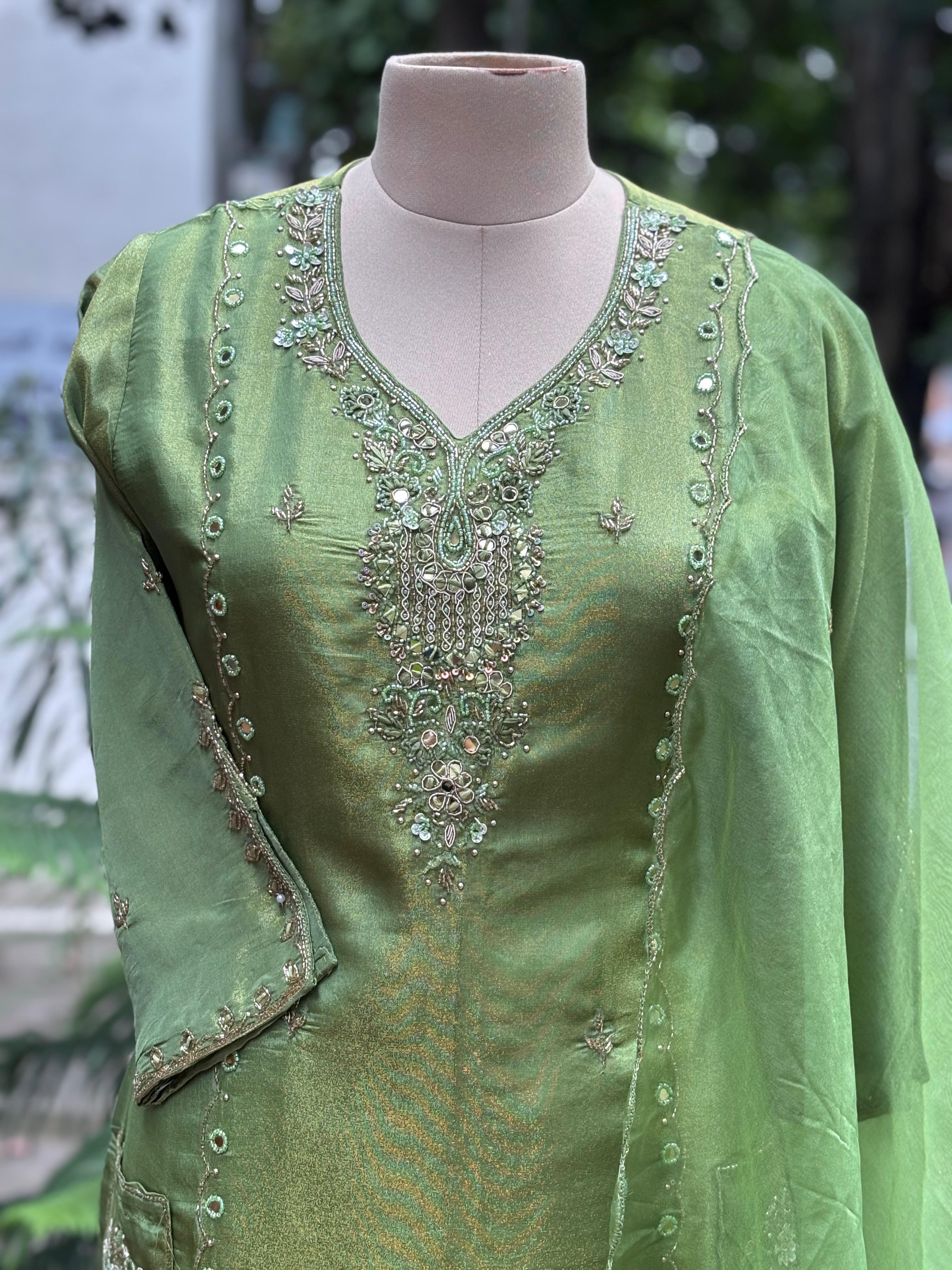 Gardenia Elegance Very Elegant Work Full Suit Set With Dupatta In Shimmer Tissue Fabric- 11551