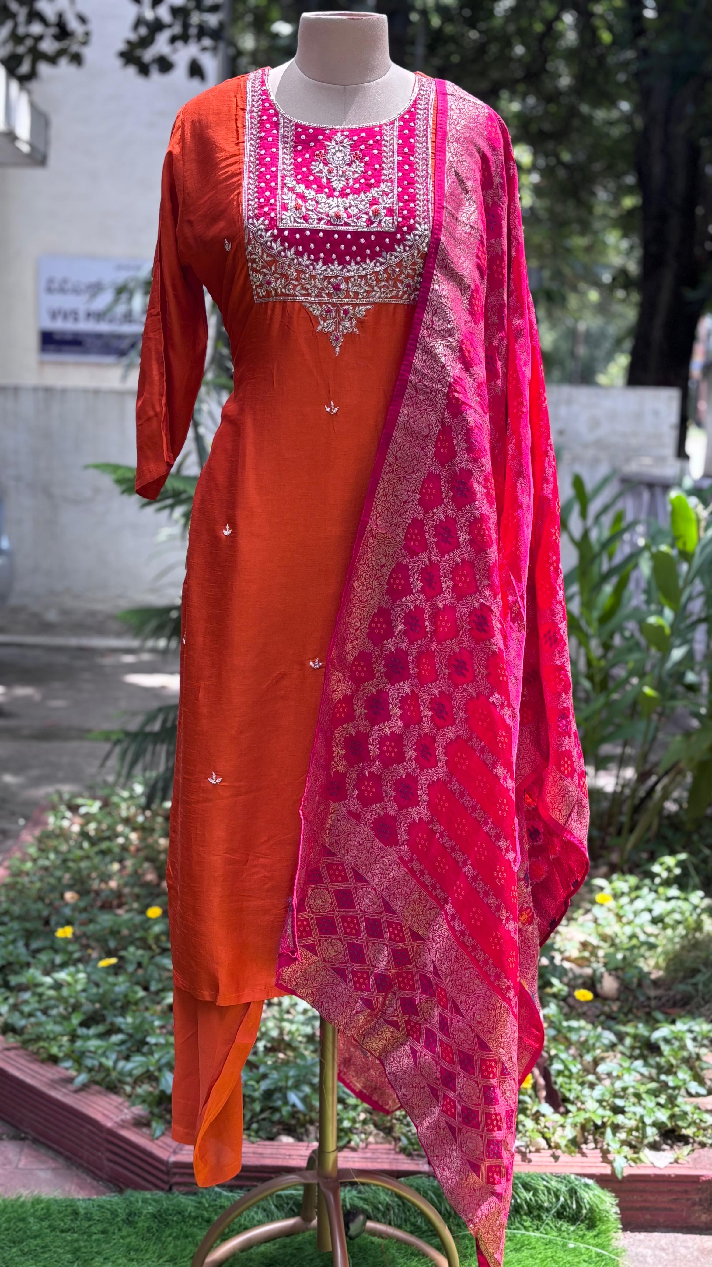 Very Vibrant Handwork Look Beautiful Yoke  Dola Silk Full Suit Set With Dupatta In Slight Banarasi Touch