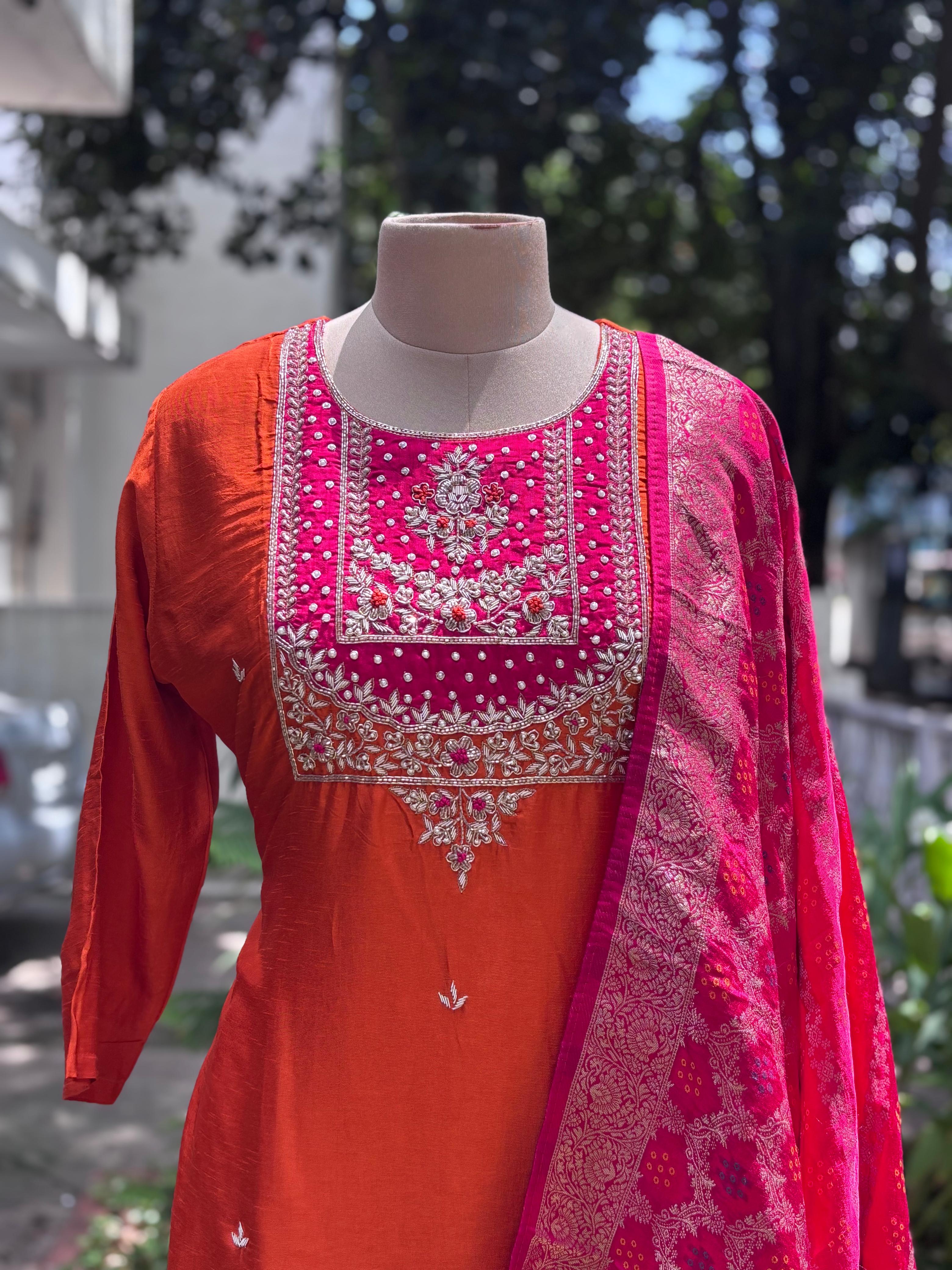 Very Vibrant Handwork Look Beautiful Yoke  Dola Silk Full Suit Set With Dupatta In Slight Banarasi Touch