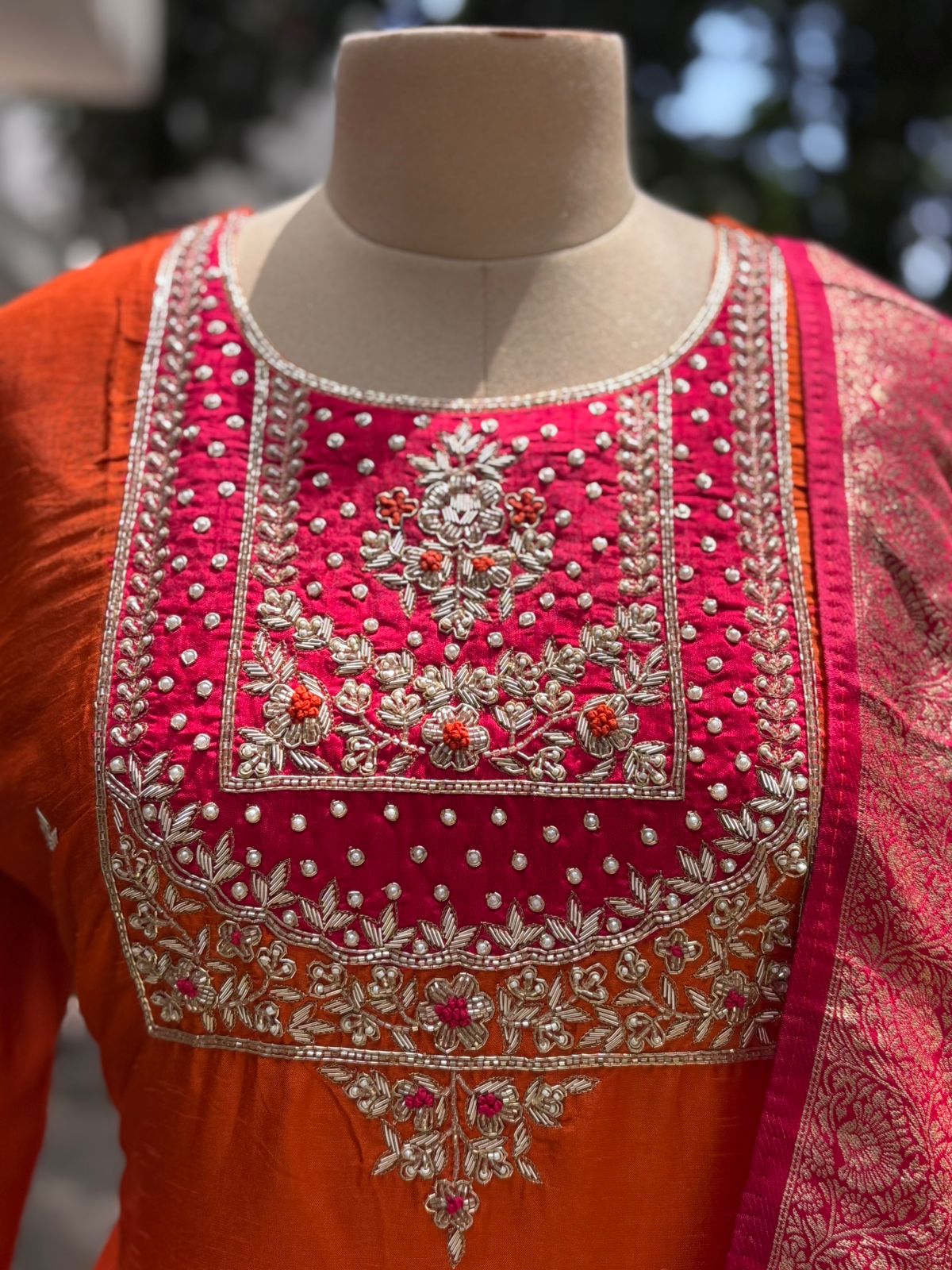 Very Vibrant Handwork Look Beautiful Yoke  Dola Silk Full Suit Set With Dupatta In Slight Banarasi Touch