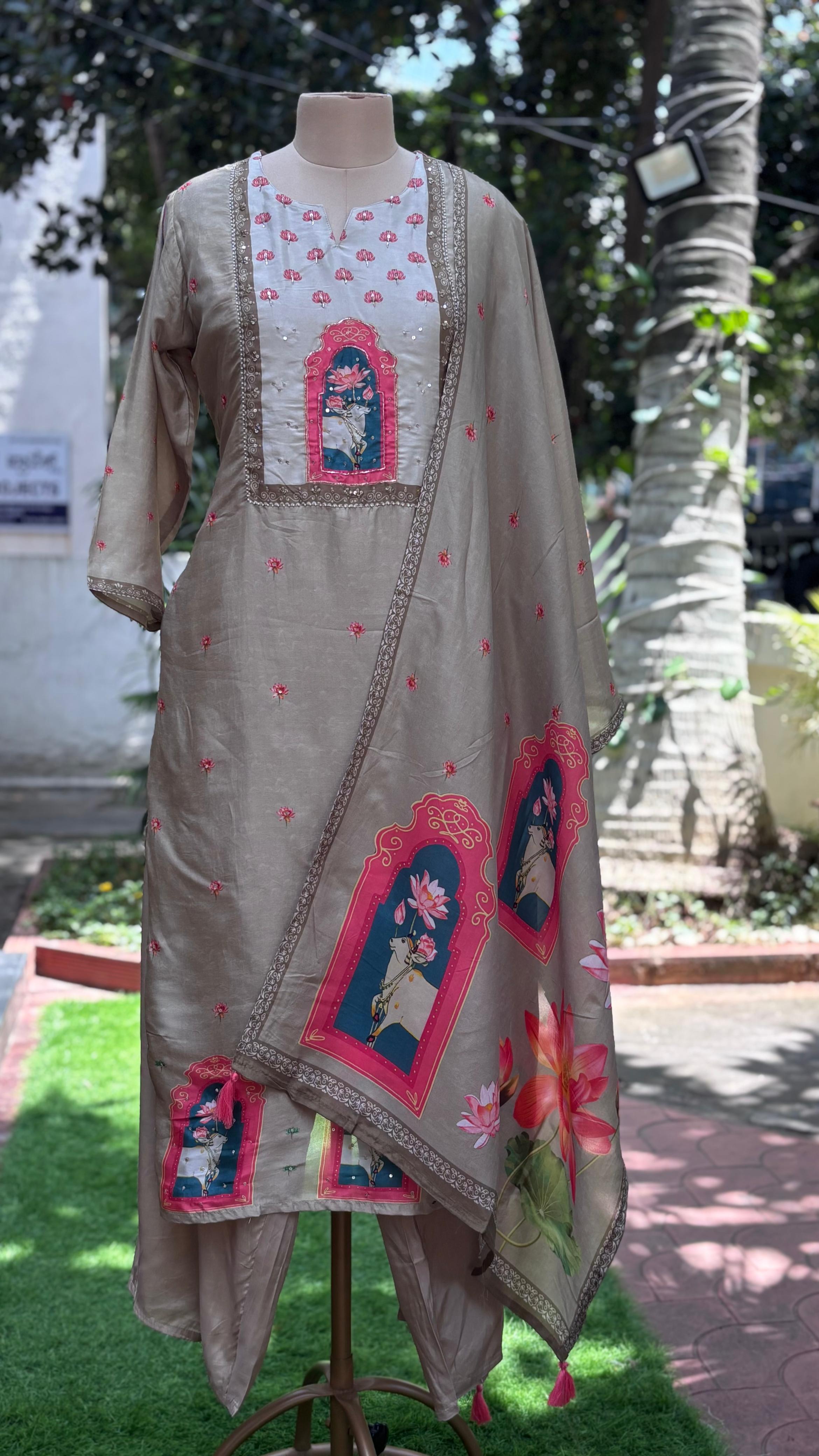 Mini Lotus Gauvastra Printed Full Suit Set With Dupatta In Dola Silk Fabric- 11583
