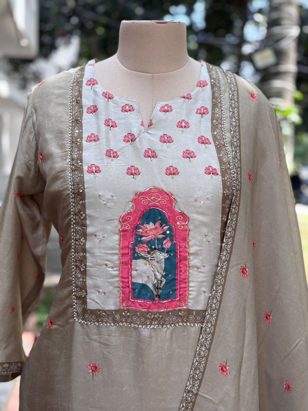 Mini Lotus Gauvastra Printed Full Suit Set With Dupatta In Dola Silk Fabric- 11583