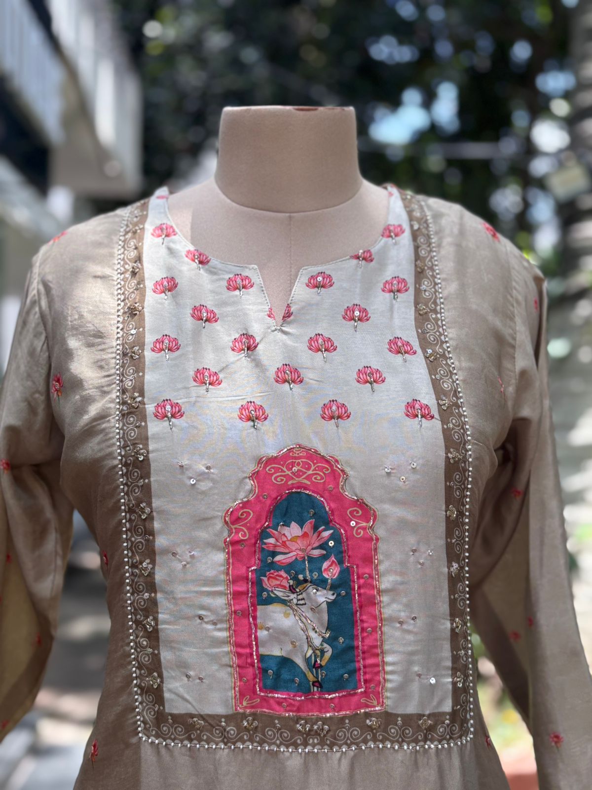 Mini Lotus Gauvastra Printed Full Suit Set With Dupatta In Dola Silk Fabric- 11583