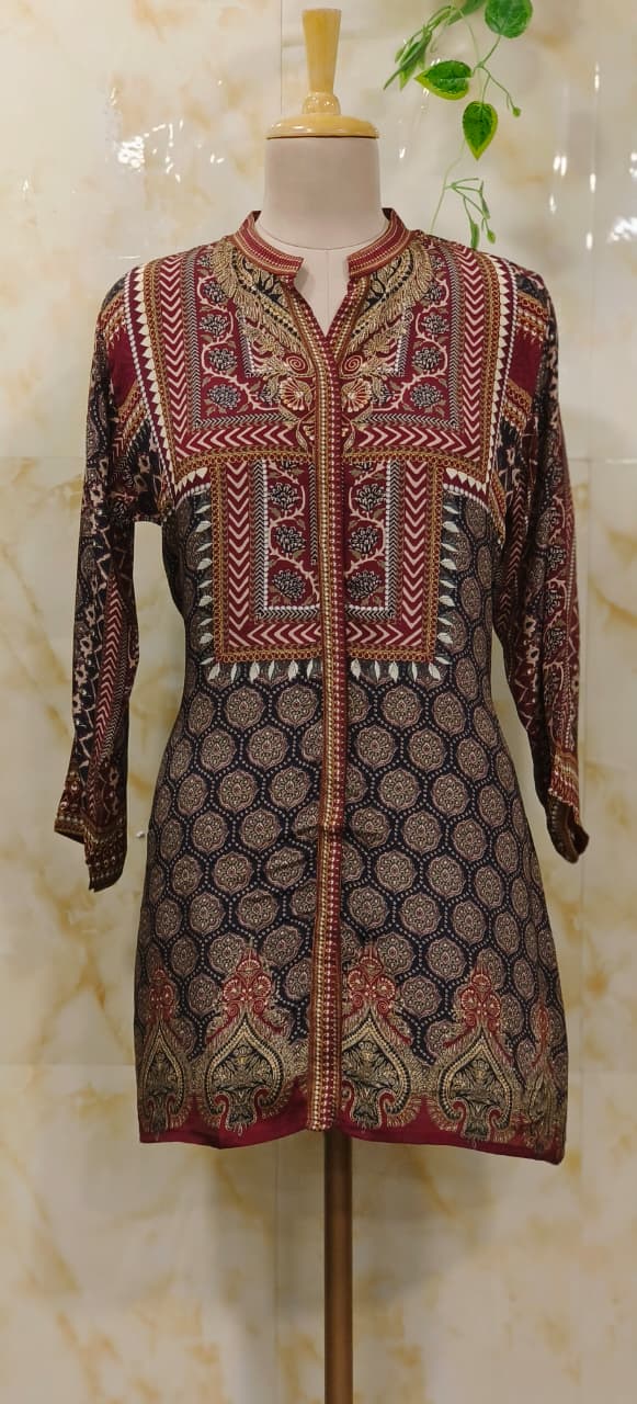 Royal Indigo Block Printed Short Kurti Only In Crepe Fabric