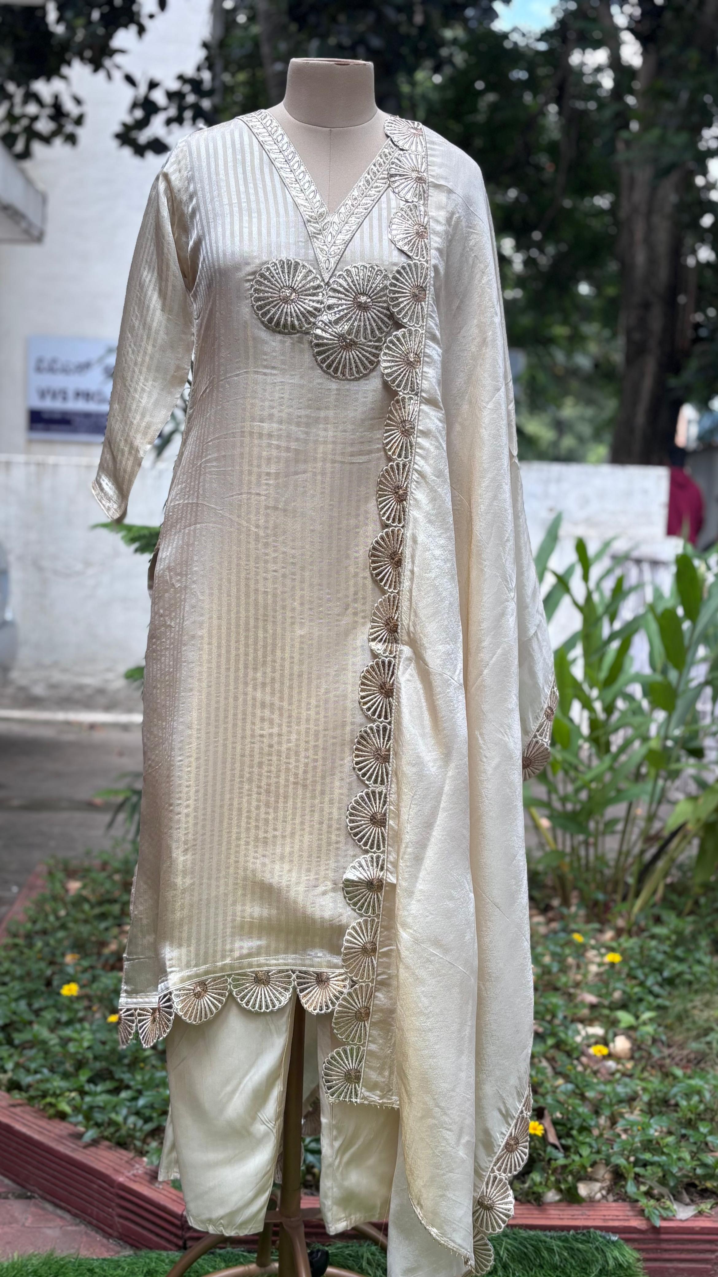 Golden Lace Popped Petal Royal Radiance Full Suit Set With Dupatta In Tissue Fabric- 11636