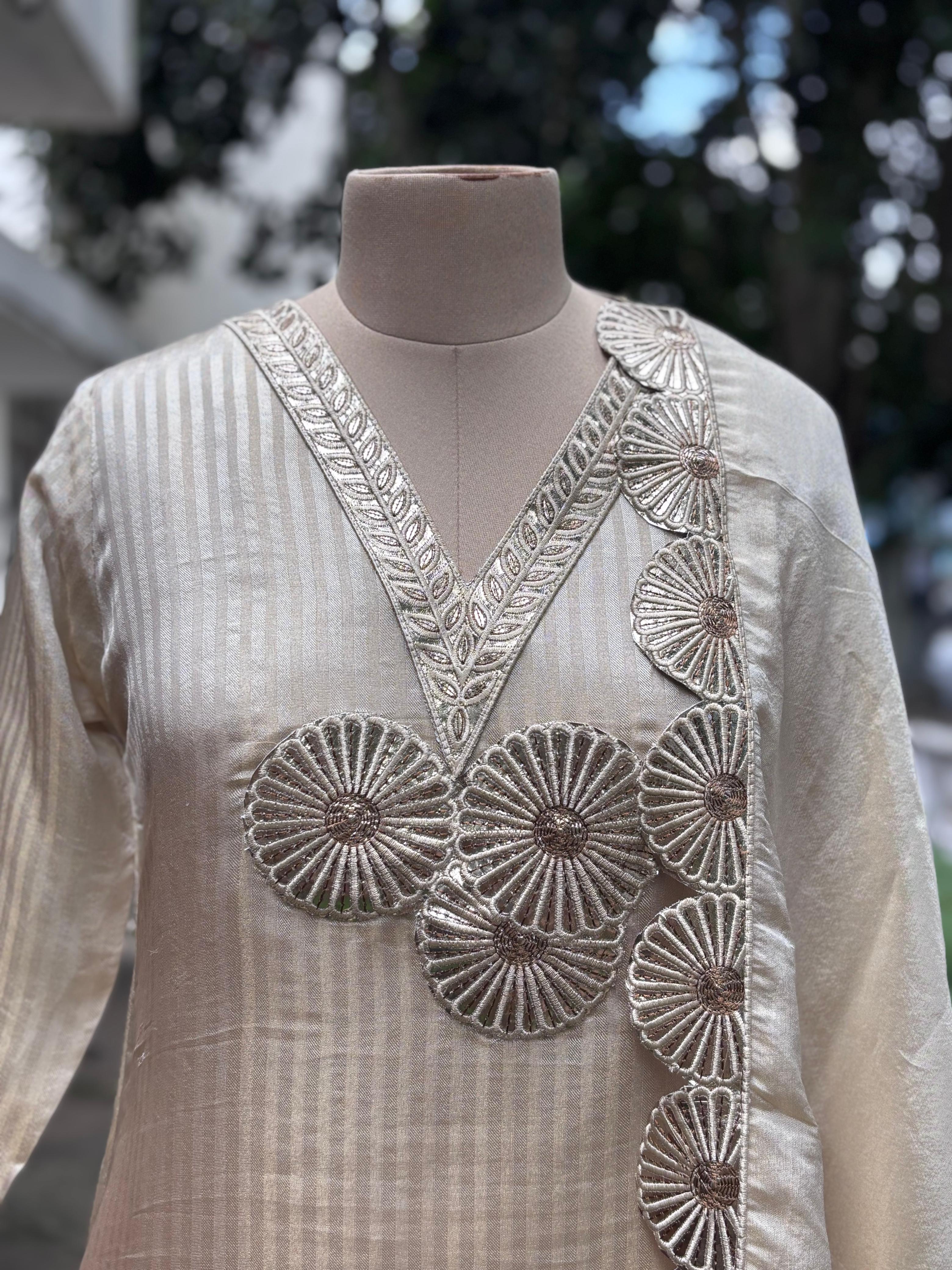 Golden Lace Popped Petal Royal Radiance Full Suit Set With Dupatta In Tissue Fabric- 11636
