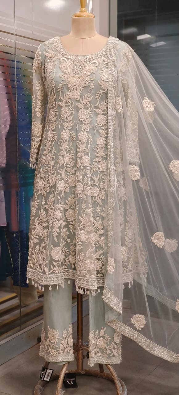 Thread Embroidered Elegance Puplum Style A-Line Kurta With Straight Bottom & Bordered Netted Dupatta- 11320