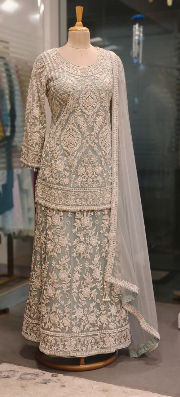 Pure Thread Embroidered Over Net Pearl Tassel Very Elegant Short Length Kurta With Skirt Bottom (Cane-Cane Inside) & Beautifully Bordered Dupatta- 11316, 11317