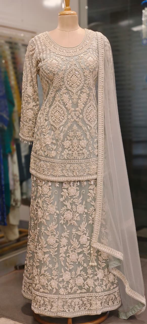 Pure Thread Embroidered Over Net Pearl Tassel Very Elegant Short Length Kurta With Skirt Bottom (Cane-Cane Inside) & Beautifully Bordered Dupatta- 11316, 11317