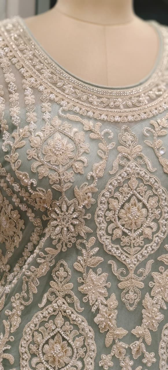 Pure Thread Embroidered Over Net Pearl Tassel Very Elegant Short Length Kurta With Skirt Bottom (Cane-Cane Inside) & Beautifully Bordered Dupatta- 11316, 11317