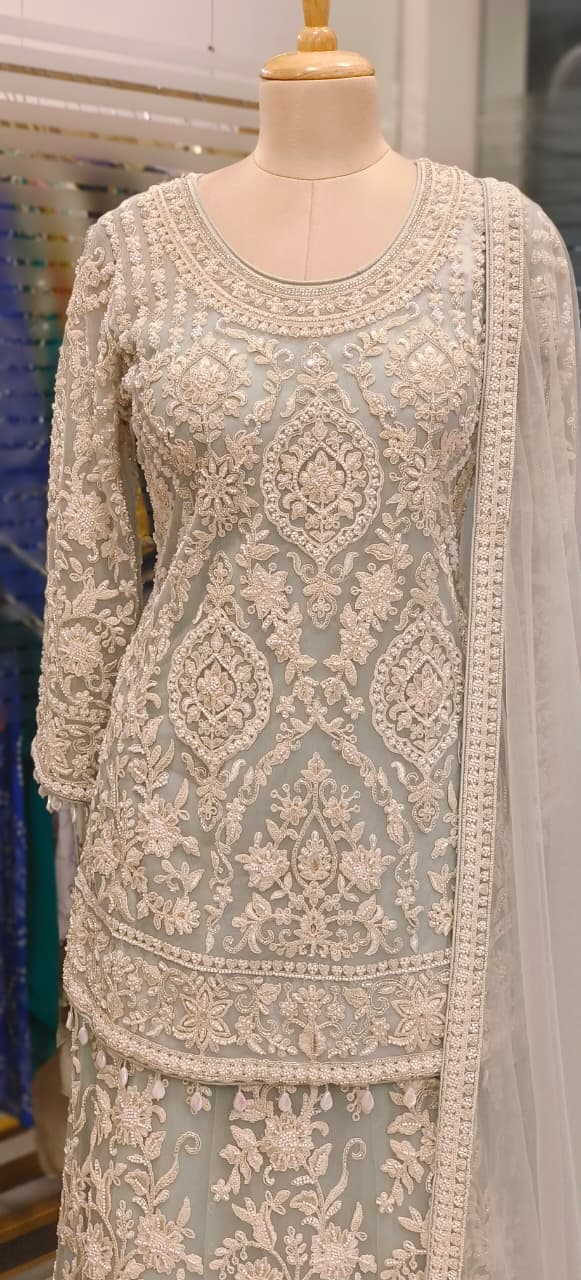 Pure Thread Embroidered Over Net Pearl Tassel Very Elegant Short Length Kurta With Skirt Bottom (Cane-Cane Inside) & Beautifully Bordered Dupatta- 11316, 11317