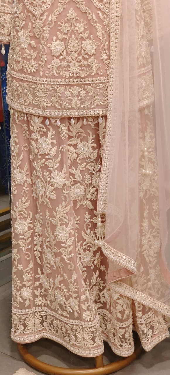 Pure Thread Embroidered Over Net Pearl Tassel Very Elegant Short Length Kurta With Skirt Bottom (Cane-Cane Inside) & Beautifully Bordered Dupatta- 11316, 11317