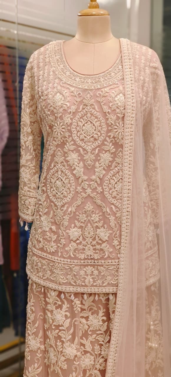 Pure Thread Embroidered Over Net Pearl Tassel Very Elegant Short Length Kurta With Skirt Bottom (Cane-Cane Inside) & Beautifully Bordered Dupatta- 11316, 11317