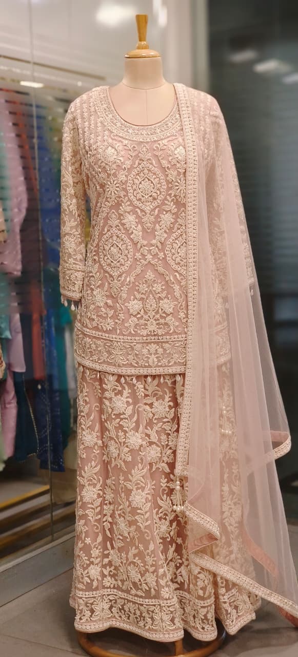 Pure Thread Embroidered Over Net Pearl Tassel Very Elegant Short Length Kurta With Skirt Bottom (Cane-Cane Inside) & Beautifully Bordered Dupatta- 11316, 11317