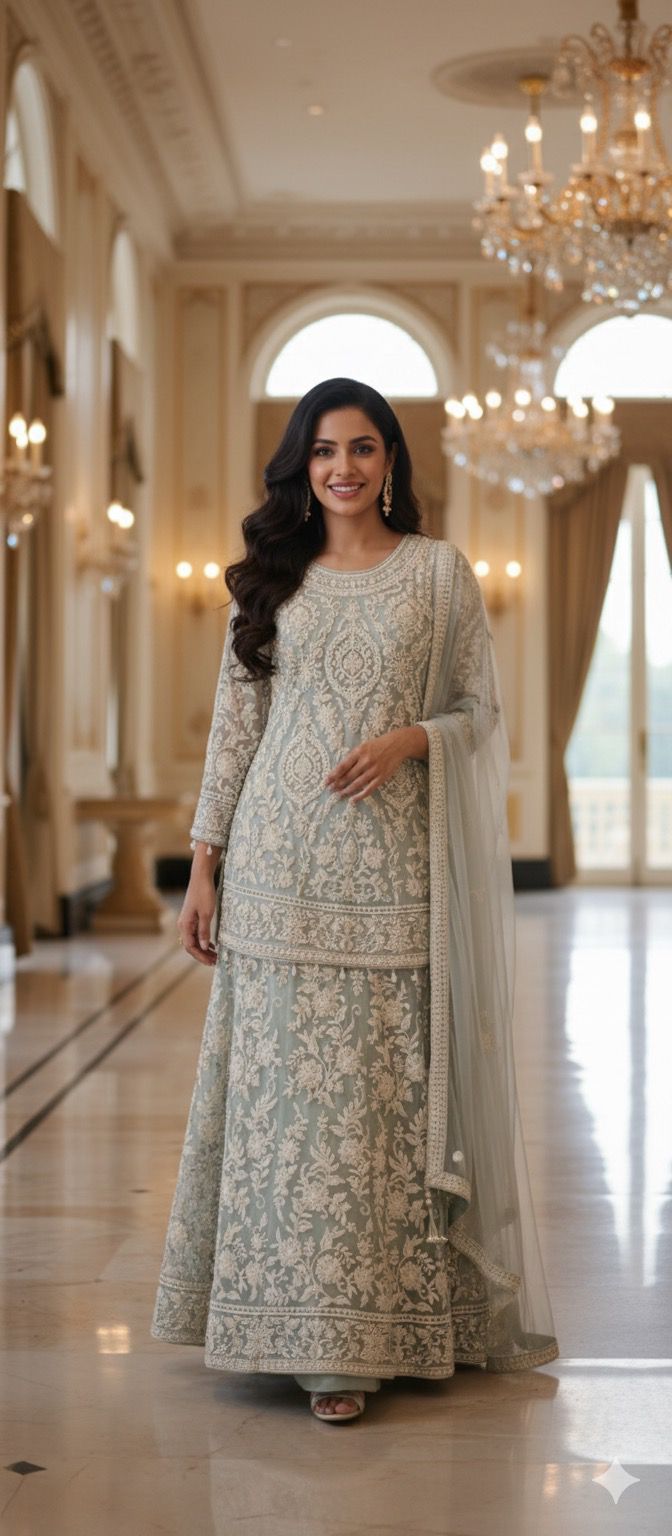 Pure Thread Embroidered Over Net Pearl Tassel Very Elegant Short Length Kurta With Skirt Bottom (Cane-Cane Inside) & Beautifully Bordered Dupatta- 11316, 11317