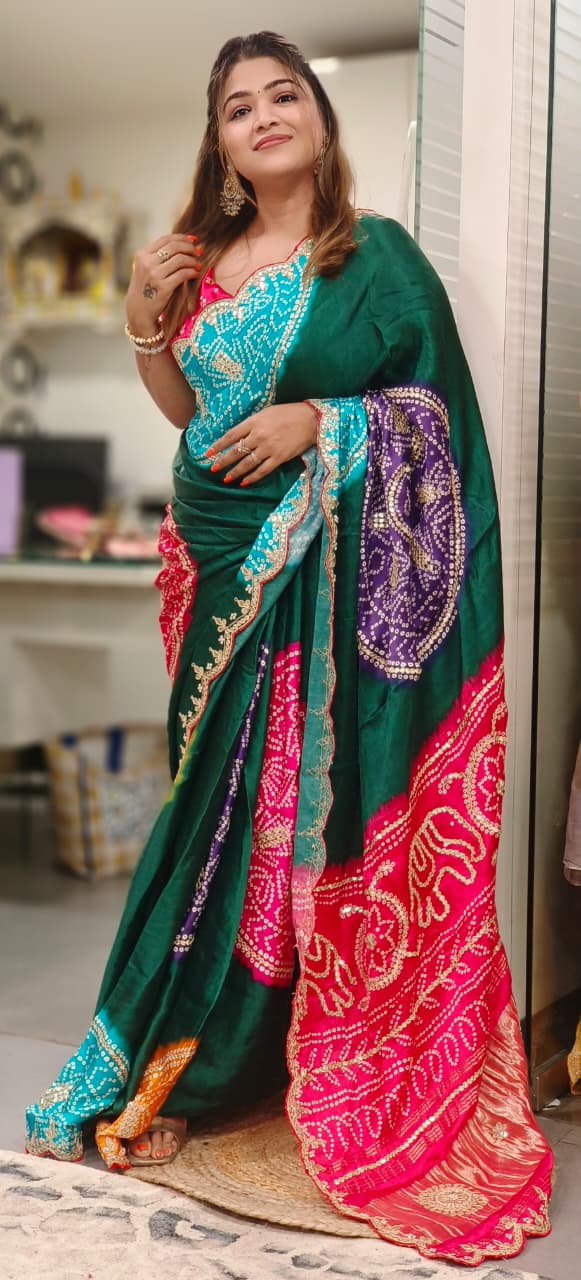 Rajasthani Vibe Dancing Figure Gotta Work Colorful Bandhej Saree With Unstitched Blouse
