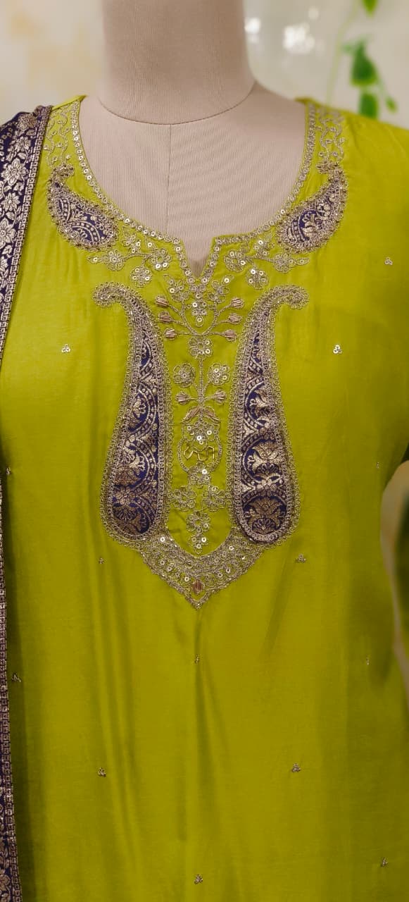Zardosi Fronk Neck Line Solid Straight Full Suit Set With Printed Dupatta In Dola Silk Fabric- 11668