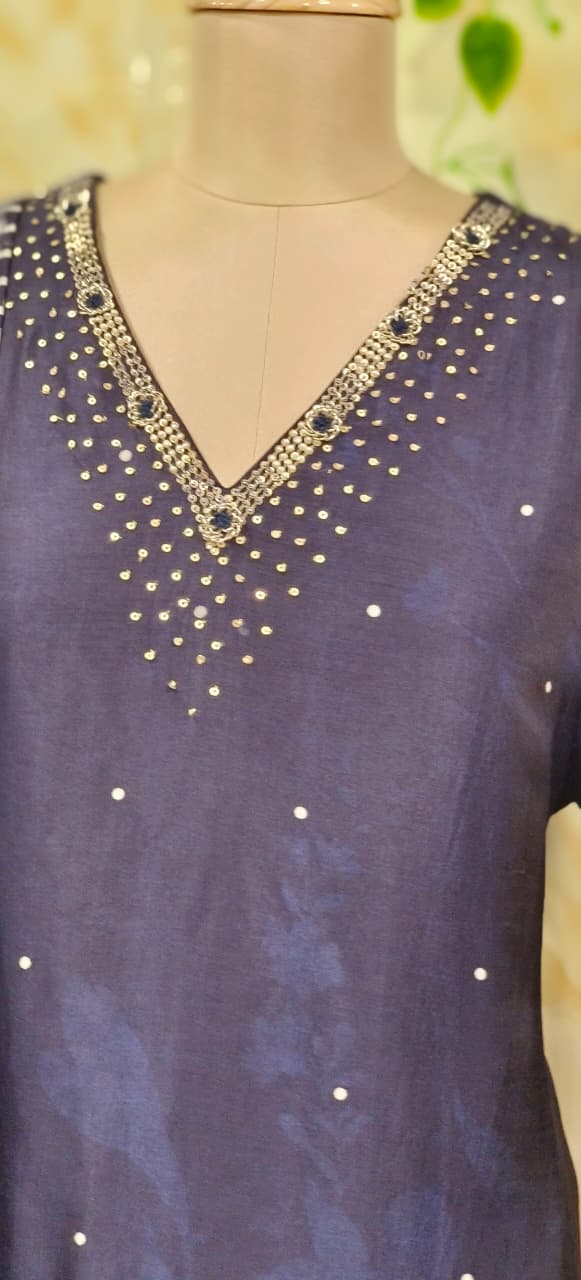 Dotted Tiny Foil Minimal Floral Printed Full Suit Set With Dupatta In Dola Silk Fabric- 11667