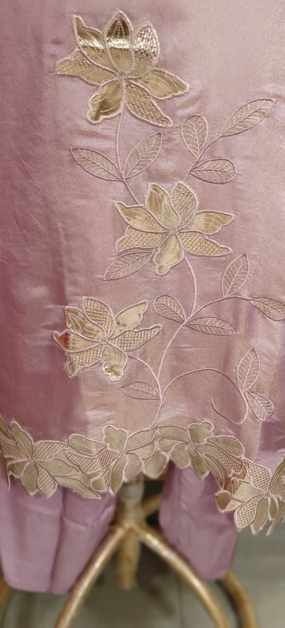 Graceful Leather Flower Work Shimmery Full Suit Set With Cut Work Dupatta In Tissue Fabric- 11666