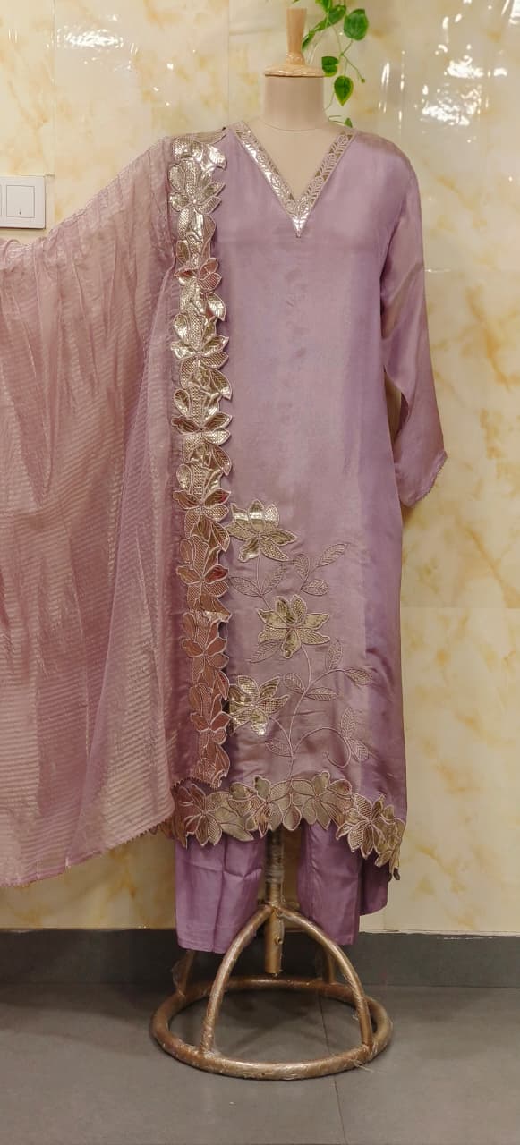 Graceful Leather Flower Work Shimmery Full Suit Set With Cut Work Dupatta In Tissue Fabric- 11666
