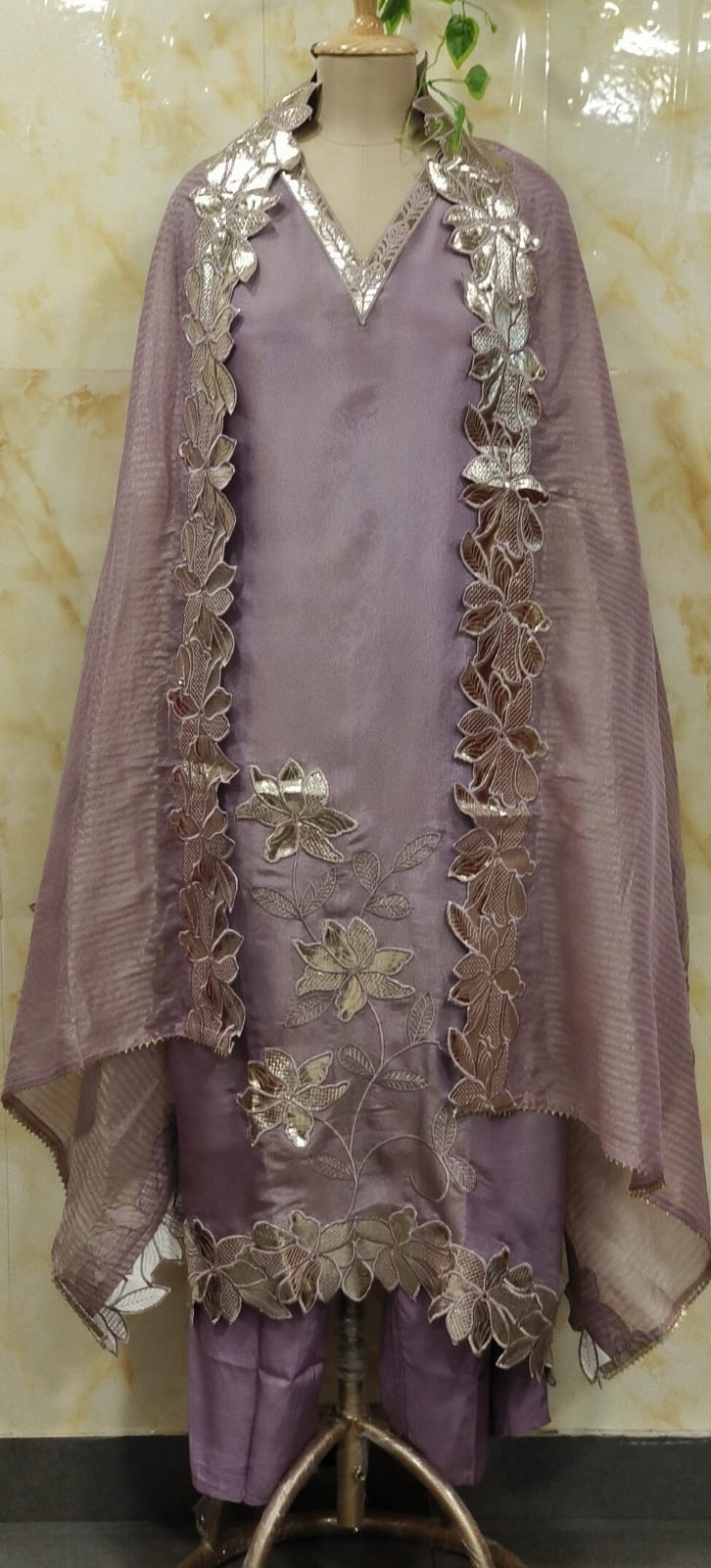 Graceful Leather Flower Work Shimmery Full Suit Set With Cut Work Dupatta In Tissue Fabric- 11666