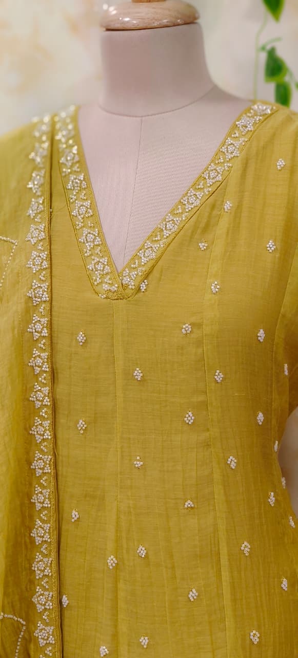 Complete Cut Dana Pearl Work Sober A-Line Panel Anarkali Full Suit Set In Mul Chanderi Fabric- 11672
